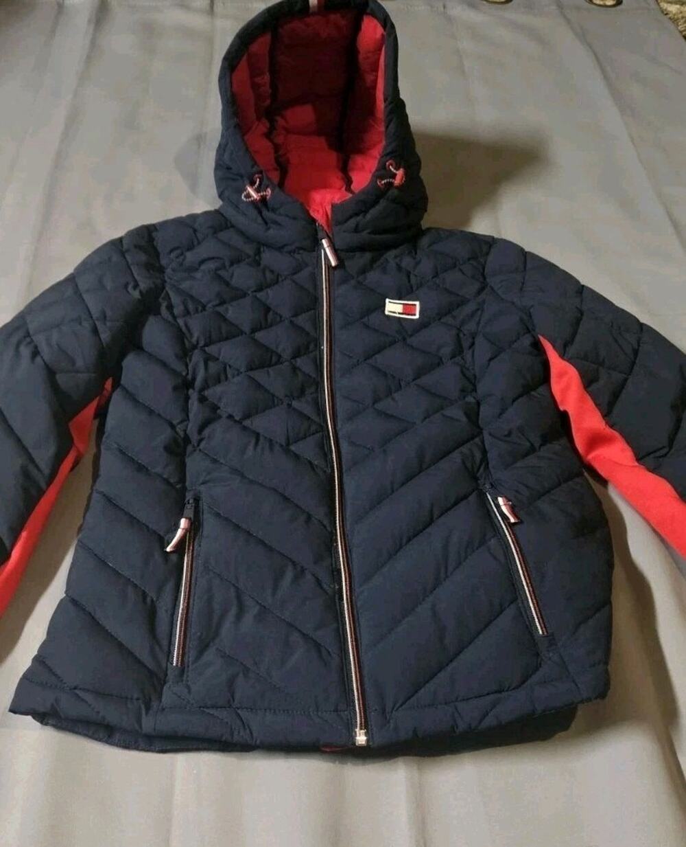 Tommy Hilfiger Jacket Girls Sz Small Quilted Puffer Navy Blue Red